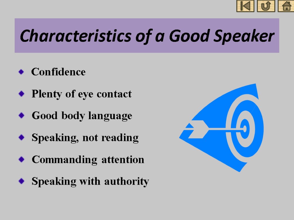 Characteristics of a Good Speaker Confidence Plenty of eye contact Good body language Speaking,